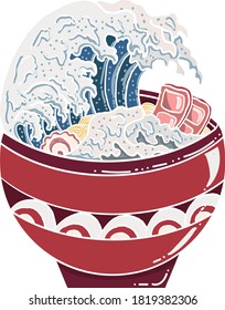 Traditional Japanese ramen and wave for restaurant printing on wallpaper.Ramen vector illustration for doodle art.