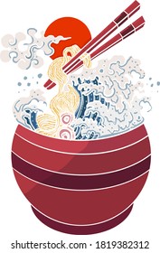 Traditional Japanese ramen and wave for restaurant printing on wallpaper.Ramen vector illustration for doodle art.