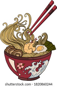 Traditional Japanese ramen and wave for restaurant printing on wallpaper.Ramen vector illustration for doodle art.