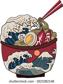 Traditional Japanese ramen and wave for restaurant printing on wallpaper.Ramen vector illustration for doodle art.