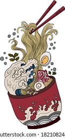 Traditional Japanese ramen and wave for restaurant printing on wallpaper.Ramen vector illustration for doodle art.
