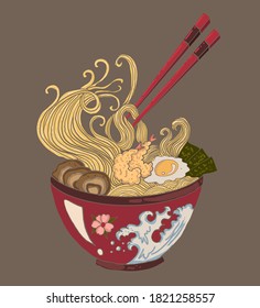 Traditional Japanese ramen and wave for restaurant printing on wallpaper.Ramen vector illustration for doodle art.