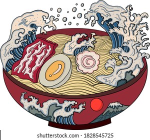 Traditional Japanese ramen and wave for restaurant printing on wallpaper.Ramen vector illustration for doodle art.Asian food.