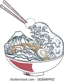 Traditional Japanese ramen and wave for restaurant printing on wallpaper.Ramen vector illustration for doodle art.Fuji moutain and wave on ramen noodle soup.Beautiful line art of hand drawn. 
