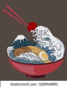 Traditional Japanese ramen and wave for restaurant printing on wallpaper.Ramen vector illustration for doodle art.Fuji moutain and wave on ramen noodle soup.Beautiful line art of hand drawn. 