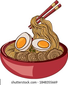 Traditional Japanese ramen and wave for restaurant printing on wallpaper.Ramen vector illustration for doodle art.Asian food.