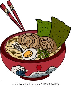 Traditional Japanese ramen and wave for restaurant printing on wallpaper.Ramen vector illustration for doodle art.Asian food.