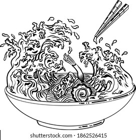 Traditional Japanese ramen and wave for restaurant printing on wallpaper.Ramen vector illustration for doodle art.Asian food.