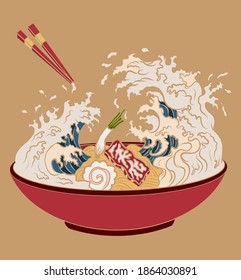 Traditional Japanese ramen and wave for restaurant printing on wallpaper.Ramen vector illustration for doodle art.Asian food.