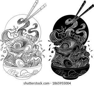 Traditional Japanese ramen and wave for restaurant printing on wallpaper.Ramen vector illustration for doodle art.Sunrise with chopsticks vector for painting on background.