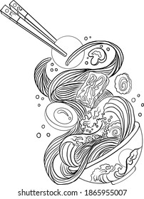 Traditional Japanese ramen and wave for restaurant printing on wallpaper.Ramen vector illustration for doodle art.Sunrise with chopsticks vector for painting on background.