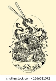 Traditional Japanese ramen and wave for restaurant printing on wallpaper.Ramen vector illustration for doodle art.Sunrise with chopsticks vector for painting on background.