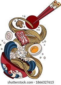 Ramen y olas tradicionales japonesas para la impresión de restaurantes en papel pintado. Ilustración vectorial de Ramen para el arte del doodle. Amanecer con palillos vectores para la pintura en el fondo.