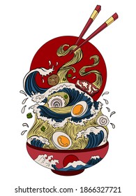 Traditional Japanese ramen and wave for restaurant printing on wallpaper.Ramen vector illustration for doodle art.Sunrise with chopsticks vector for painting on background.