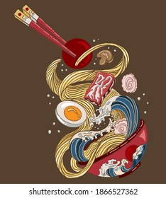 Ramen y olas tradicionales japonesas para la impresión de restaurantes en papel pintado. Ilustración vectorial de Ramen para el arte del doodle. Amanecer con palillos vectores para la pintura en el fondo.