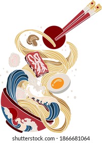 Ramen y olas tradicionales japonesas para la impresión de restaurantes en papel pintado. Ilustración vectorial de Ramen para el arte del doodle. Amanecer con palillos vectores para la pintura en el fondo.