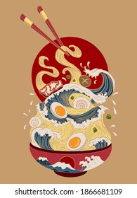 Traditional Japanese ramen and wave for restaurant printing on wallpaper.Ramen vector illustration for doodle art.Sunrise with chopsticks vector for painting on background.