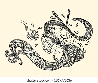 Traditional Japanese ramen and wave for restaurant printing on wallpaper.Ramen vector illustration for doodle art.Sunrise with chopsticks vector for painting on background.