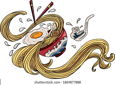 Traditional Japanese ramen and wave for restaurant printing on wallpaper.Ramen vector illustration for doodle art.Sunrise with chopsticks vector for painting on background.