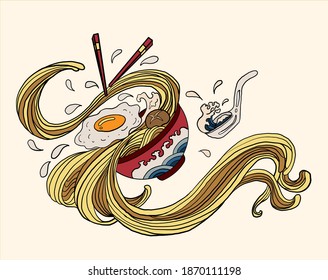 Ramen y olas tradicionales japonesas para la impresión de restaurantes en papel pintado. Ilustración vectorial de Ramen para el arte del doodle. Amanecer con palillos vectores para la pintura en el fondo.