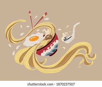 Traditional Japanese ramen and wave for restaurant printing on wallpaper.Ramen vector illustration for doodle art.Sunrise with chopsticks vector for painting on background.