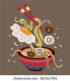 Traditional Japanese ramen and wave for restaurant printing on wallpaper.Ramen vector illustration for doodle art.Asian food.