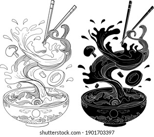 Traditional Japanese ramen and wave for restaurant printing on wallpaper.Ramen vector illustration for doodle art.Asian food.