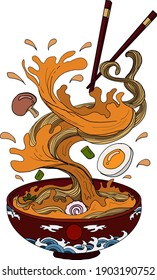 Traditional Japanese ramen and wave for restaurant printing on wallpaper.Ramen vector illustration for doodle art.Asian food.