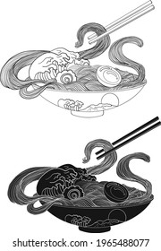Traditional Japanese ramen and wave for restaurant printing on wallpaper.Ramen vector illustration for doodle art.Asian food.