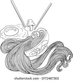 Traditional Japanese ramen and wave for restaurant printing on wallpaper.Ramen vector illustration for doodle art.Sunrise with chopsticks vector for painting on background.