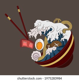 Traditional Japanese ramen and wave for restaurant printing on wallpaper.Ramen vector illustration for doodle art.Sunrise with chopsticks vector for painting on background.