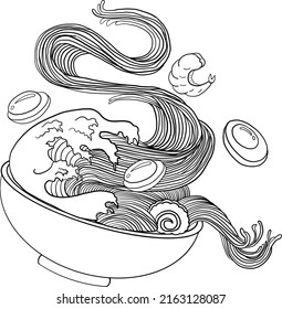 Traditional Japanese ramen and wave for restaurant printing on wallpaper.Ramen vector illustration for doodle art.Asian food.