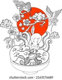 Traditional Japanese ramen and wave for restaurant printing on wallpaper.Crane vector illustration for doodle art.Sunrise with chopsticks vector for painting on background.Seafood and noodle soup art.