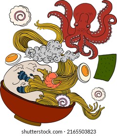 Traditional Japanese ramen and wave for restaurant printing on wallpaper.Ramen vector illustration for doodle art.Sunrise with chopsticks vector for painting on background.Seafood and noodle soup art.