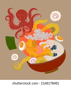 Traditional Japanese ramen and wave for restaurant printing on wallpaper.Ramen vector illustration for doodle art.Sunrise with chopsticks vector for painting on background.Seafood and noodle soup art.