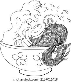 Traditional Japanese ramen and wave for restaurant printing on wallpaper.Ramen vector illustration for doodle art.Sunrise with chopsticks vector for painting on background.