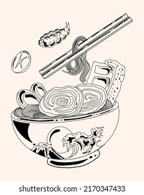 Traditional Japanese ramen and wave for restaurant printing on wallpaper.Ramen vector illustration for doodle art.Sunrise with chopsticks vector for painting on background.