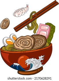 Traditional Japanese ramen and wave for restaurant printing on wallpaper.Ramen vector illustration for doodle art.Sunrise with chopsticks vector for painting on background.