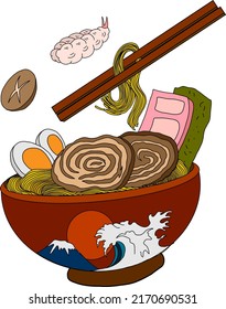 Traditional Japanese ramen and wave for restaurant printing on wallpaper.Ramen vector illustration for doodle art.Sunrise with chopsticks vector for painting on background.