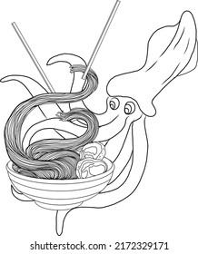 Traditional Japanese ramen and wave for restaurant printing on wallpaper.Ramen vector illustration for doodle art.Asian food.Squid cartoon vector for printing on shirt.