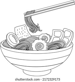 Traditional Japanese ramen and wave for restaurant printing on wallpaper.Ramen vector illustration for doodle art.Asian food.