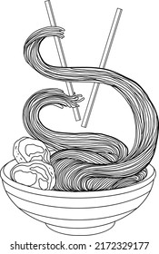 Traditional Japanese ramen and wave for restaurant printing on wallpaper.Ramen vector illustration for doodle art.Asian food.