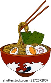 Traditional Japanese ramen and wave for restaurant printing on wallpaper.Ramen vector illustration for doodle art.Asian food.