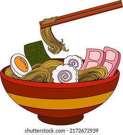 Traditional Japanese ramen and wave for restaurant printing on wallpaper.Ramen vector illustration for doodle art.Asian food.