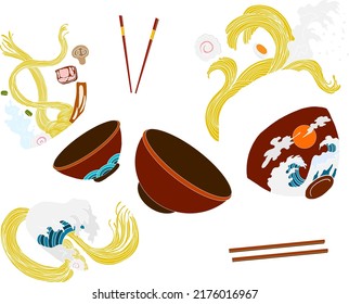 Traditional Japanese ramen and wave for restaurant printing on wallpaper.Ramen vector illustration for doodle art.Asian food.Set of ramen and noodles.