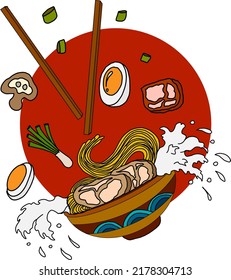 Traditional Japanese ramen and wave for restaurant printing on wallpaper.Ramen vector illustration for doodle art.Asian food.