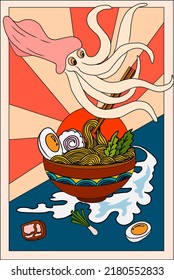 Traditional Japanese ramen and wave for restaurant printing on wallpaper.Ramen vector illustration for doodle art.Sunrise with chopsticks vector for painting on background.Seafood and noodle soup art.