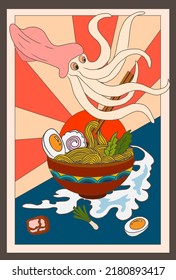 Traditional Japanese ramen and wave for restaurant printing on wallpaper.Ramen vector illustration for doodle art.Sunrise with chopsticks vector for painting on background.Seafood and noodle soup art.