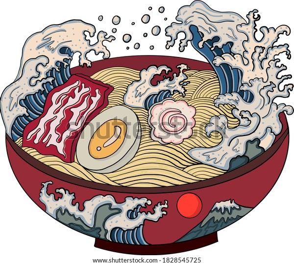 Traditional Japanese ramen and wave for restaurant printing on wallpaper.Ramen vector illustration for doodle art.Asian food.