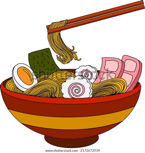 Traditional Japanese ramen and wave for restaurant printing on wallpaper. Ramen vector illustration for doodle art. Asian food.